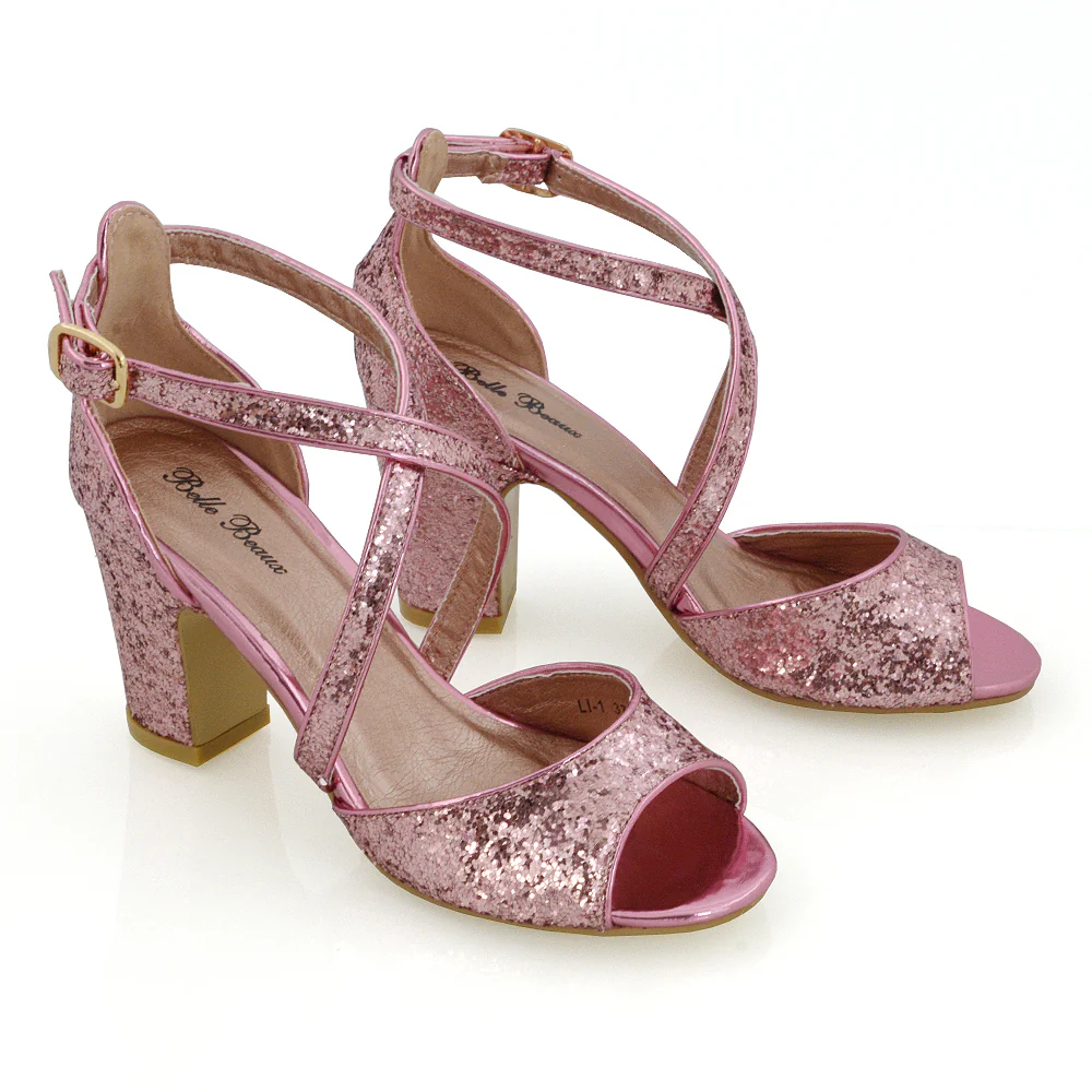HARLOW CROSS OVER STRAPPY BUCKLE PEEP TOE BLOCK HIGH HEELS IN PINK GLITTER - Image 18