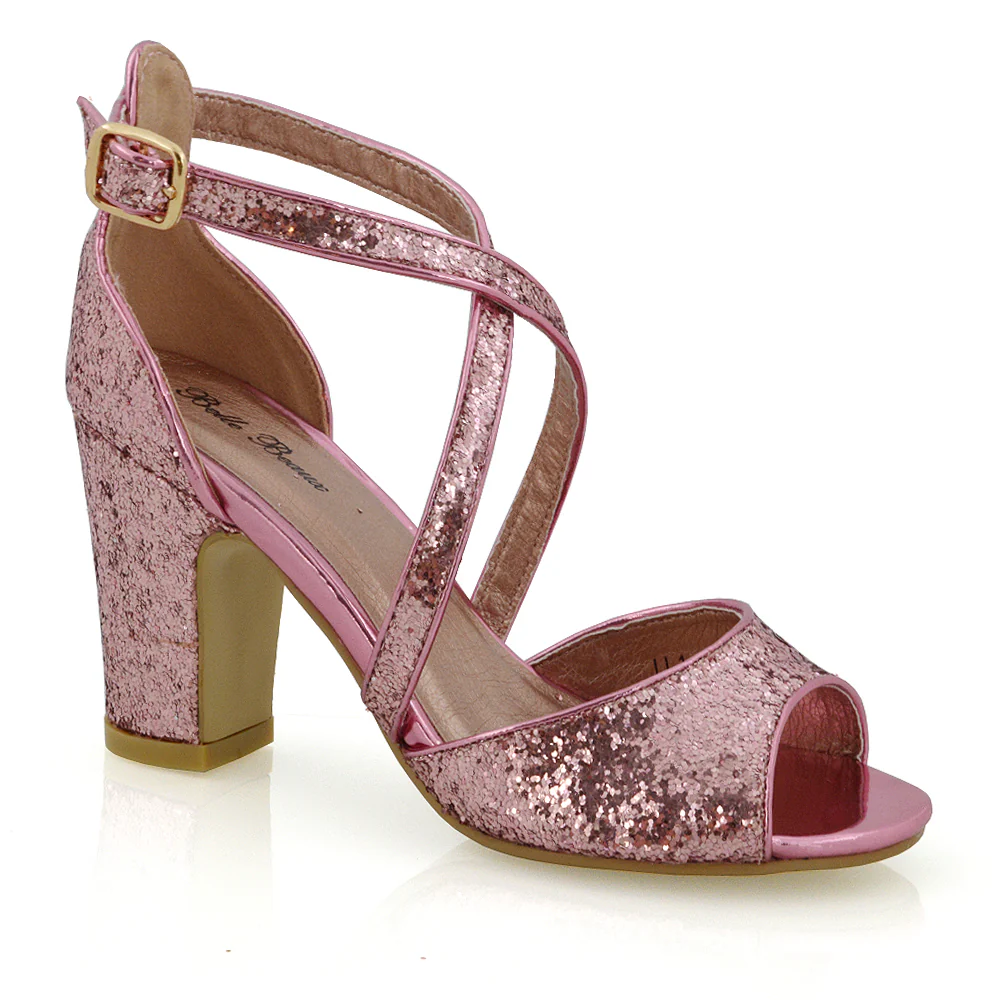 HARLOW CROSS OVER STRAPPY BUCKLE PEEP TOE BLOCK HIGH HEELS IN PINK GLITTER - Image 4