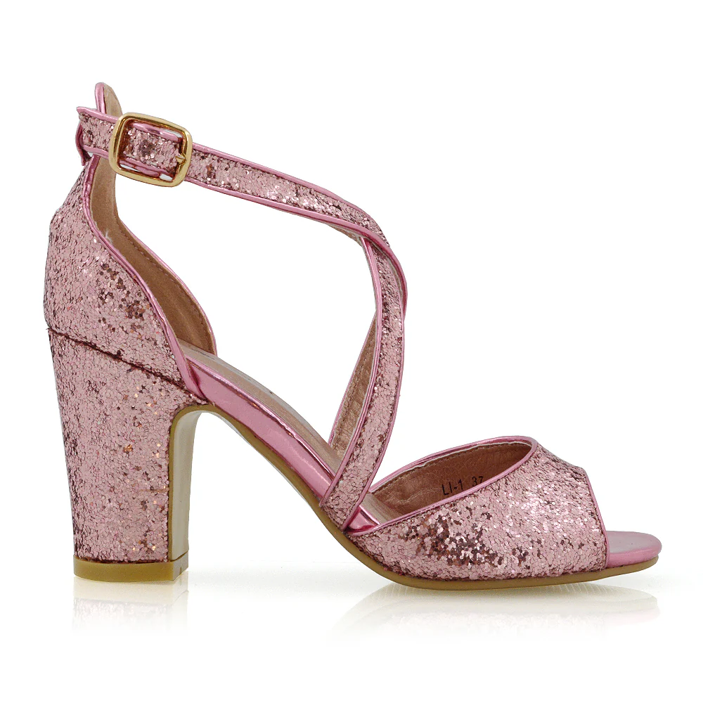 HARLOW CROSS OVER STRAPPY BUCKLE PEEP TOE BLOCK HIGH HEELS IN PINK GLITTER - Image 5