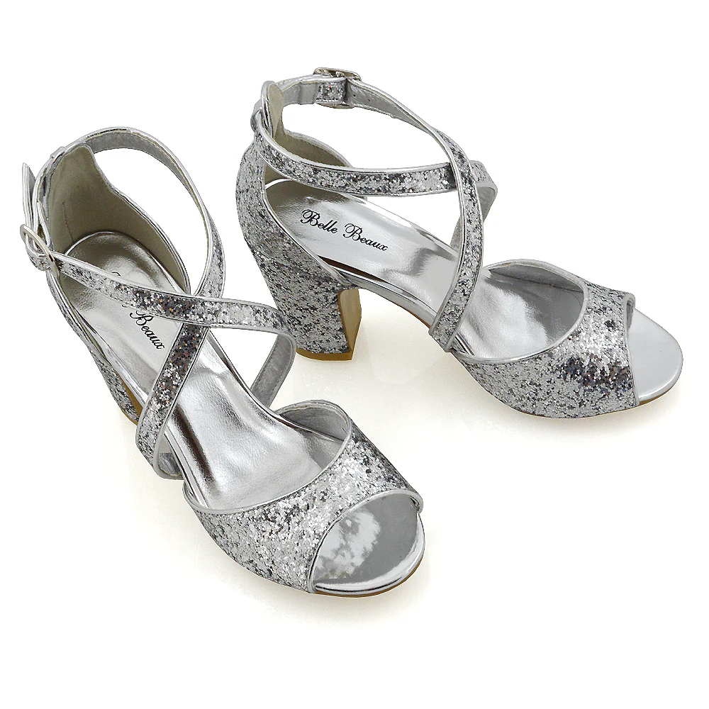 Harlow Cross Over Buckle Strappy Peep Toe Block High Heel Sandals IN SILVER GLITTER - Image 10