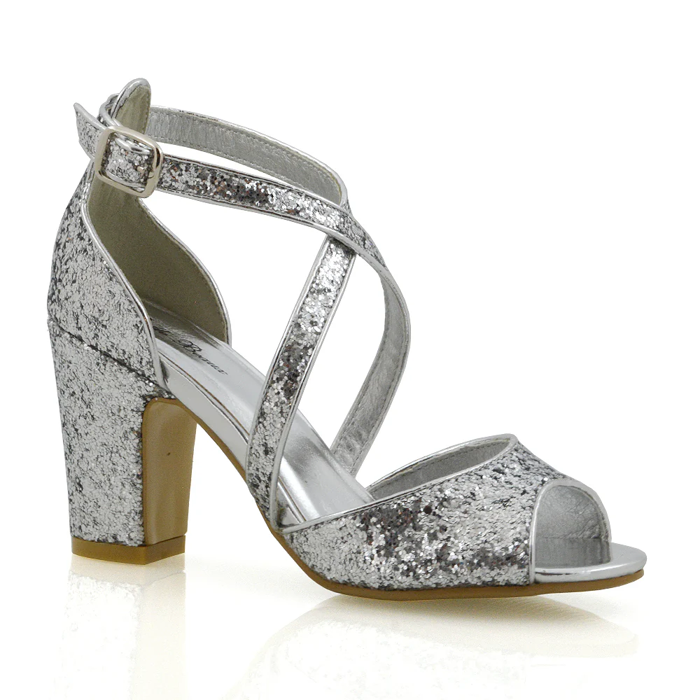 Harlow Cross Over Buckle Strappy Peep Toe Block High Heel Sandals IN SILVER GLITTER - Image 8