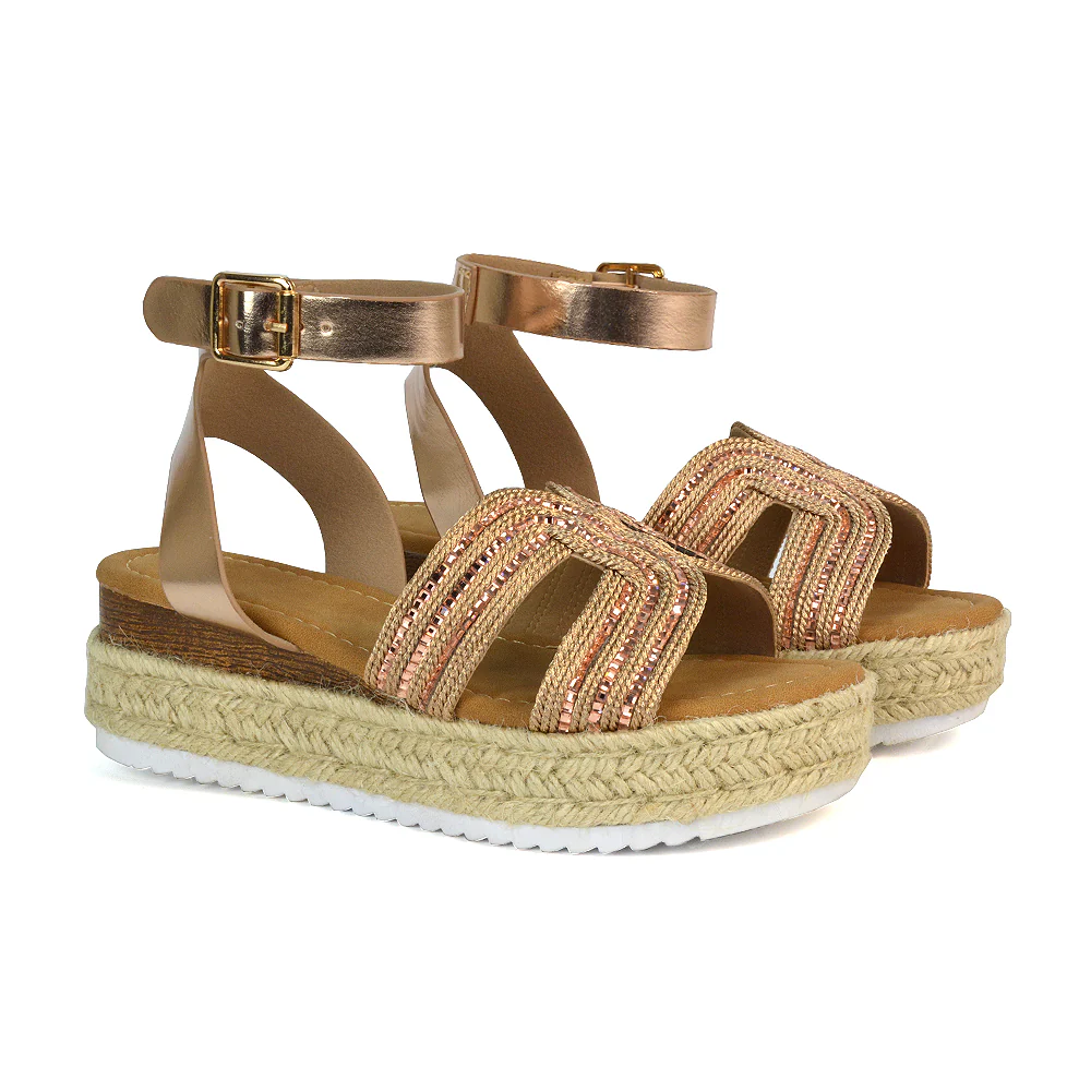 Clara Platform Wedge Heel Sandals Espadrille Diamante Flatforms in Black - Image 8
