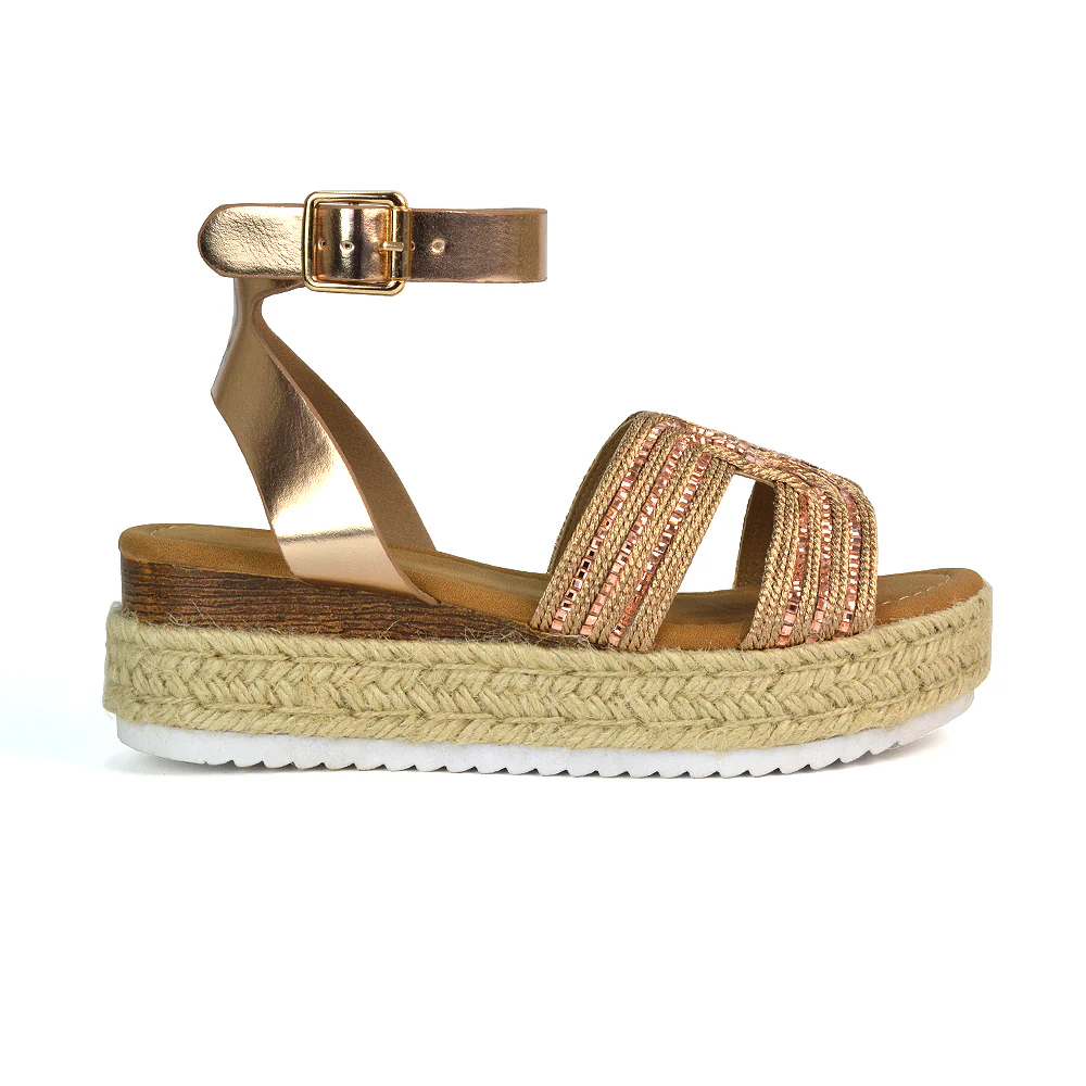 Clara Platform Wedge Heel Sandals Espadrille Diamante Flatforms in Black - Image 6