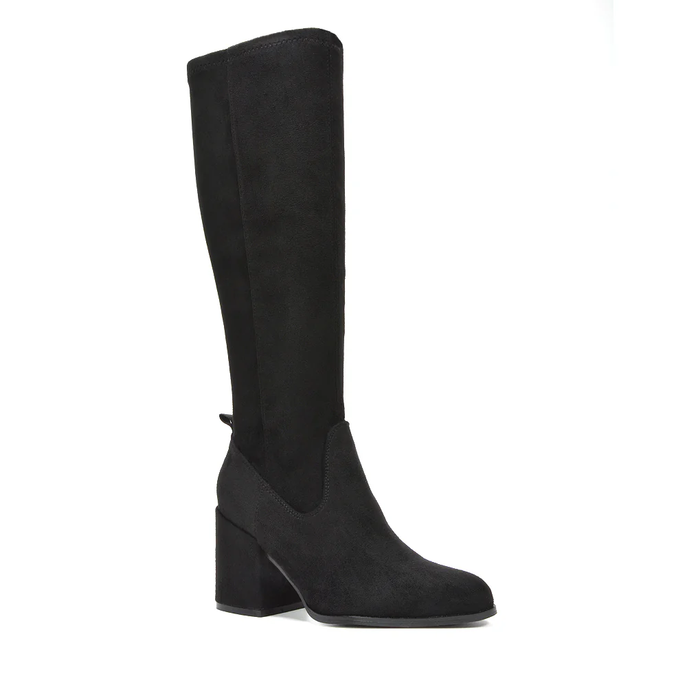 Harvie Knee High Block Mid Heel Stretchy Calf Boots in Black Faux Suede - Image 3