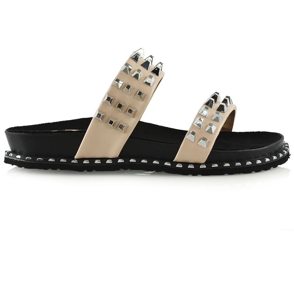 Hattie Slip On Double Strap Flat Summer Sandals Slides With Studs In Nude - Image 21