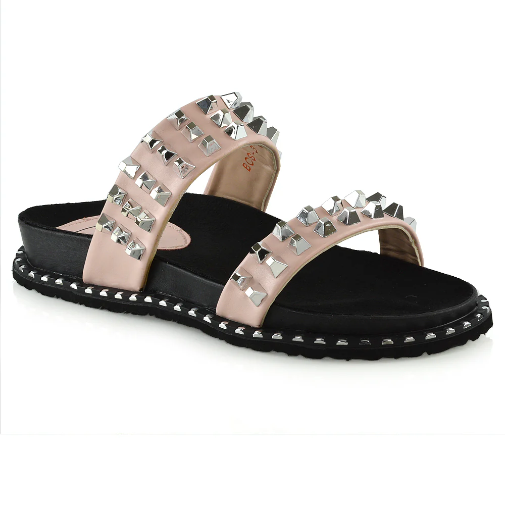 Hattie Slip On Double Strap Flat Summer Sandals Slides With Studs In Pink - Image 17