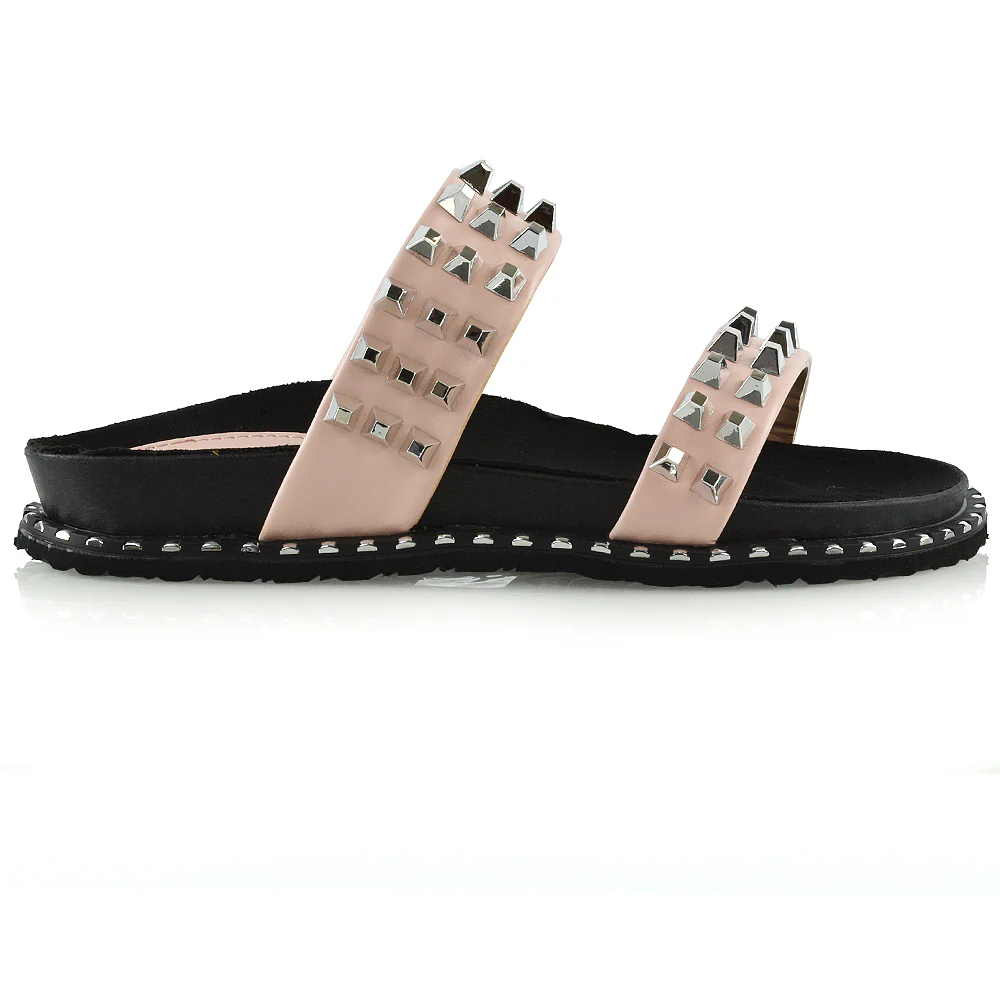 Hattie Slip On Double Strap Flat Summer Sandals Slides With Studs In Pink - Image 6