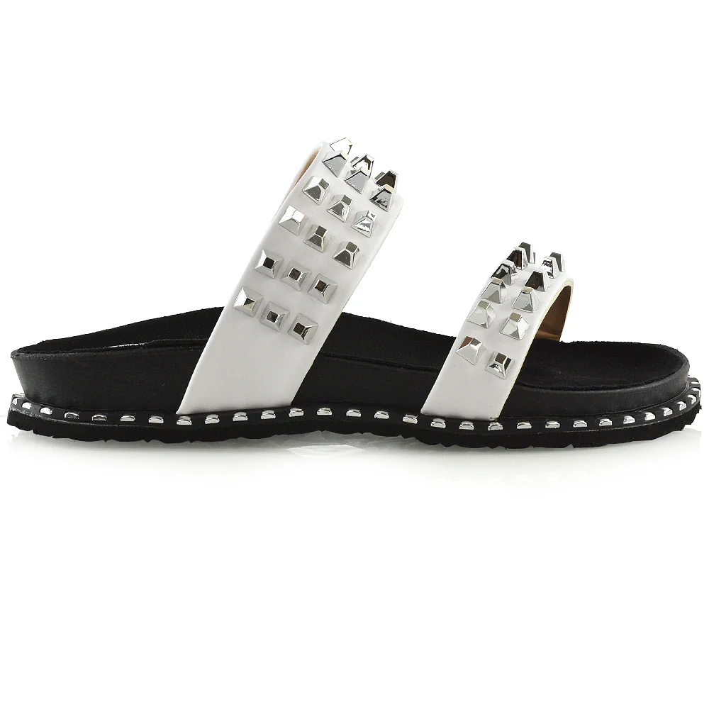 Hattie Slip On Double Strap Flat Summer Sandals Slides With Studs In White - Image 14