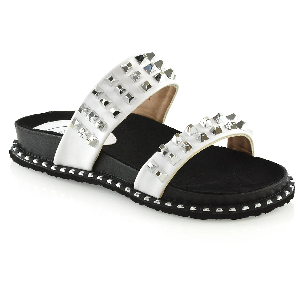 Hattie Slip On Double Strap Flat Summer Sandals Slides With Studs In White - Image 3