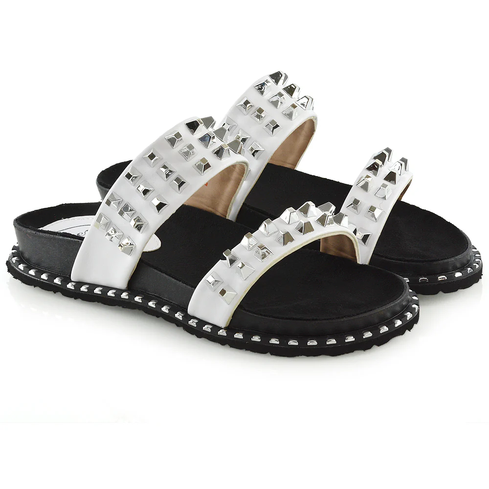 Hattie Slip On Double Strap Flat Summer Sandals Slides With Studs In White - Image 5