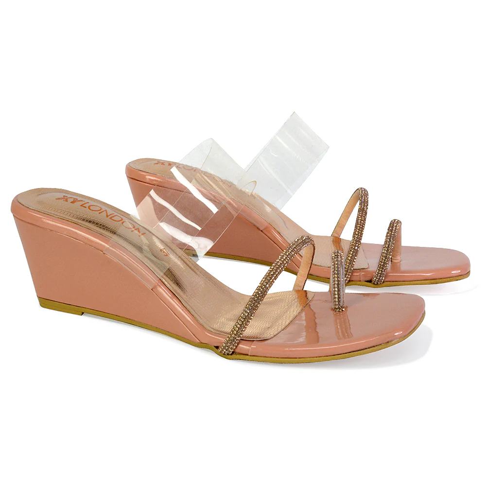 Hayes Perspex Strappy Toe Post Diamante Wedge Heel Sandals in Black - Image 124