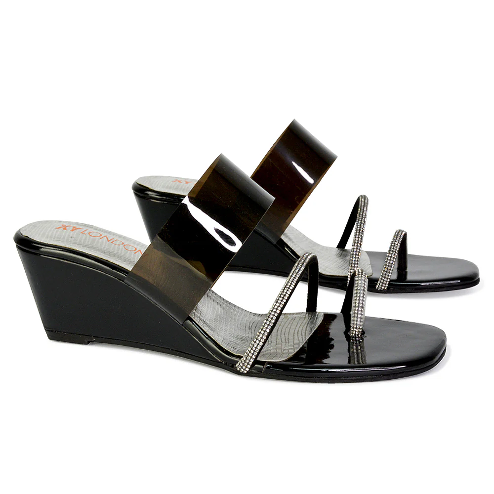Hayes Perspex Strappy Toe Post Diamante Wedge Heel Sandals in Gold - Image 139