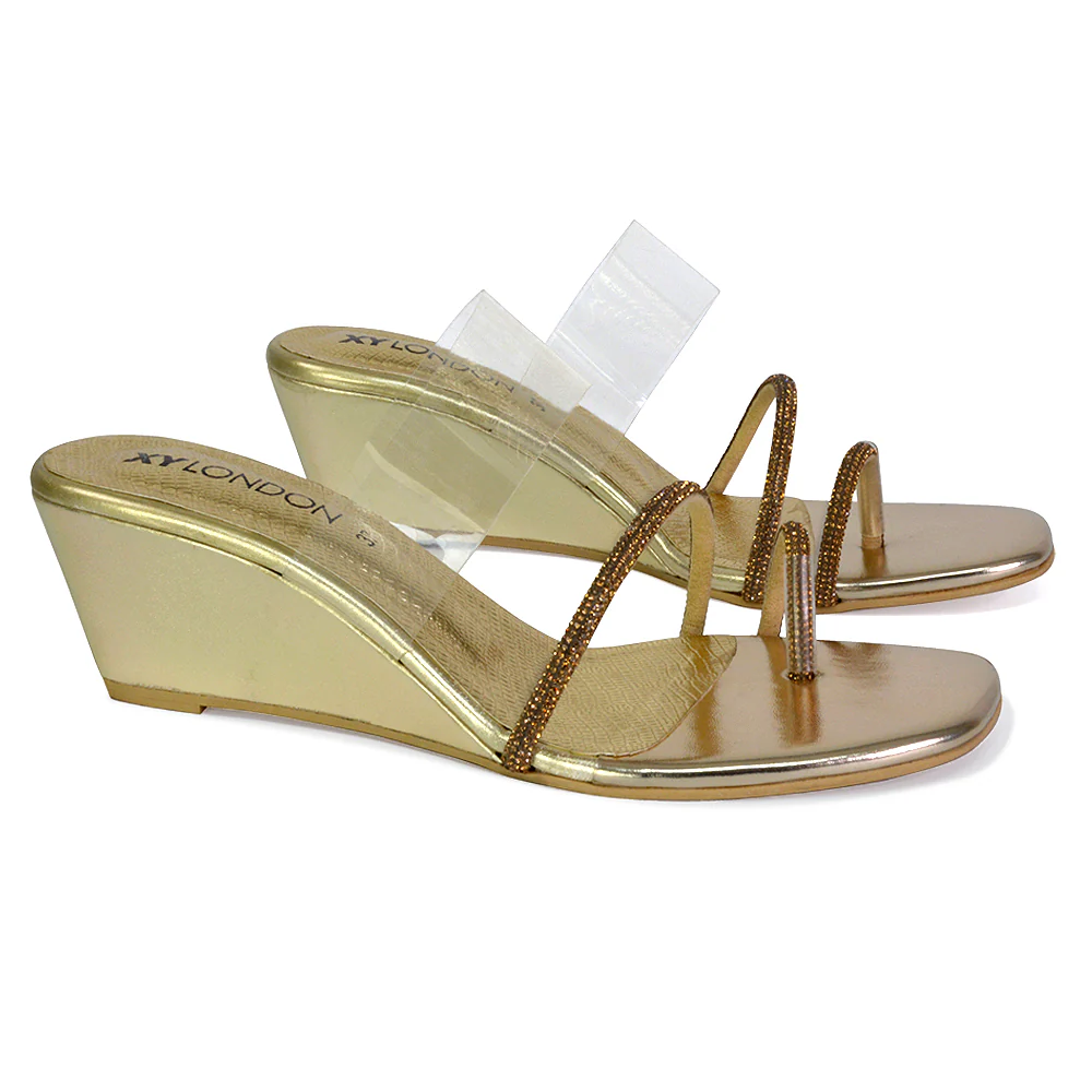 Hayes Perspex Strappy Toe Post Diamante Wedge Heel Sandals in Gold - Image 4