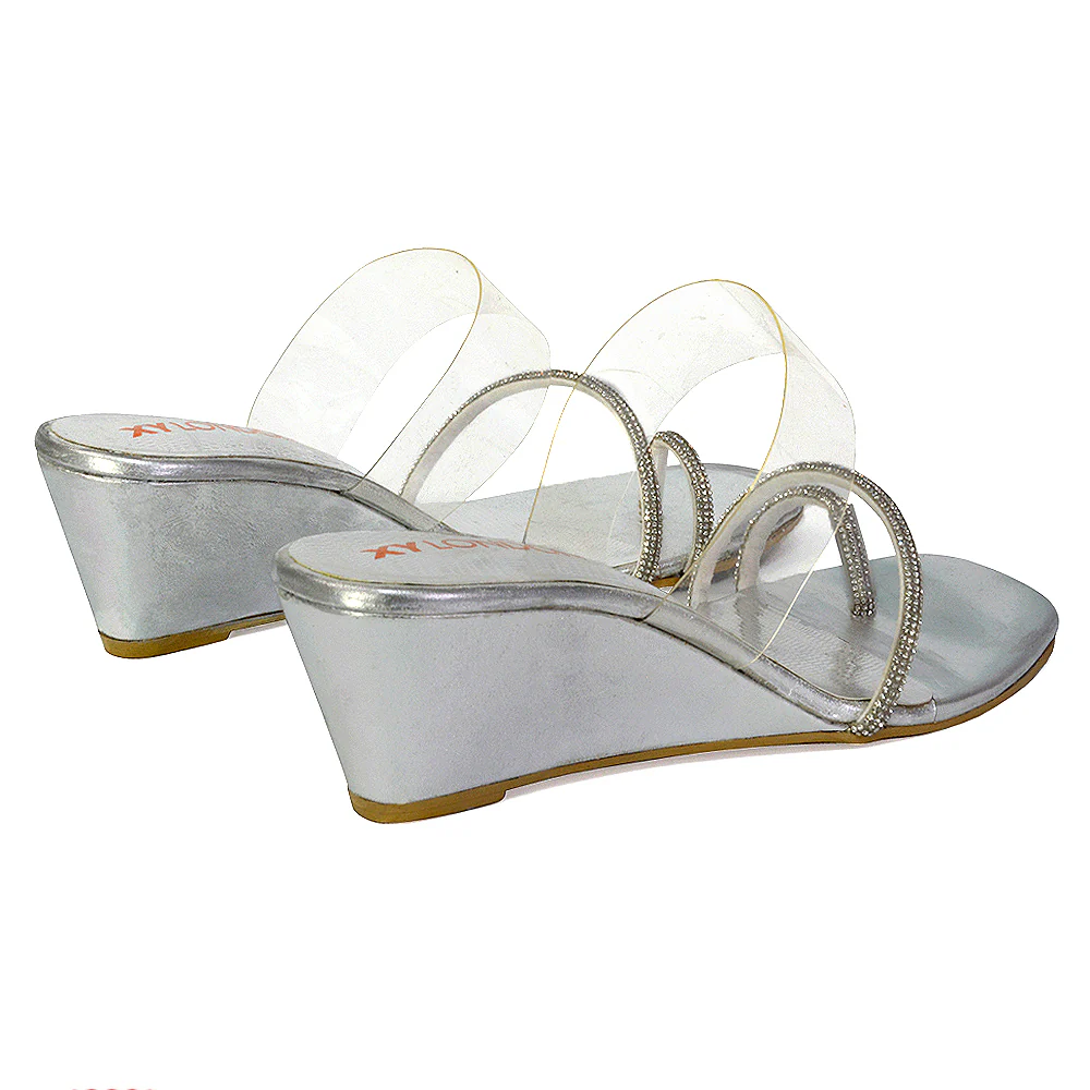 Hayes Perspex Strappy Toe Post Diamante Wedge Heel Sandals in Gold - Image 40