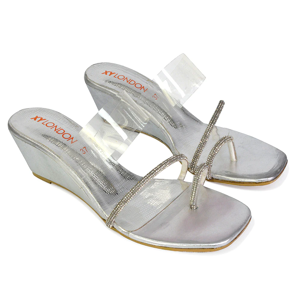 Hayes Perspex Strappy Toe Post Diamante Wedge Heel Sandals in Gold - Image 41