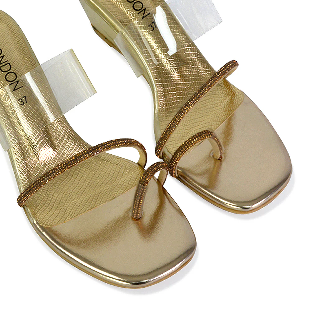 Hayes Perspex Strappy Toe Post Diamante Wedge Heel Sandals in Gold - Image 77