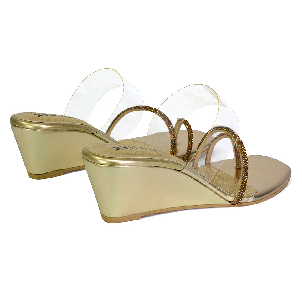 Hayes Perspex Strappy Toe Post Diamante Wedge Heel Sandals in Gold - Image 90