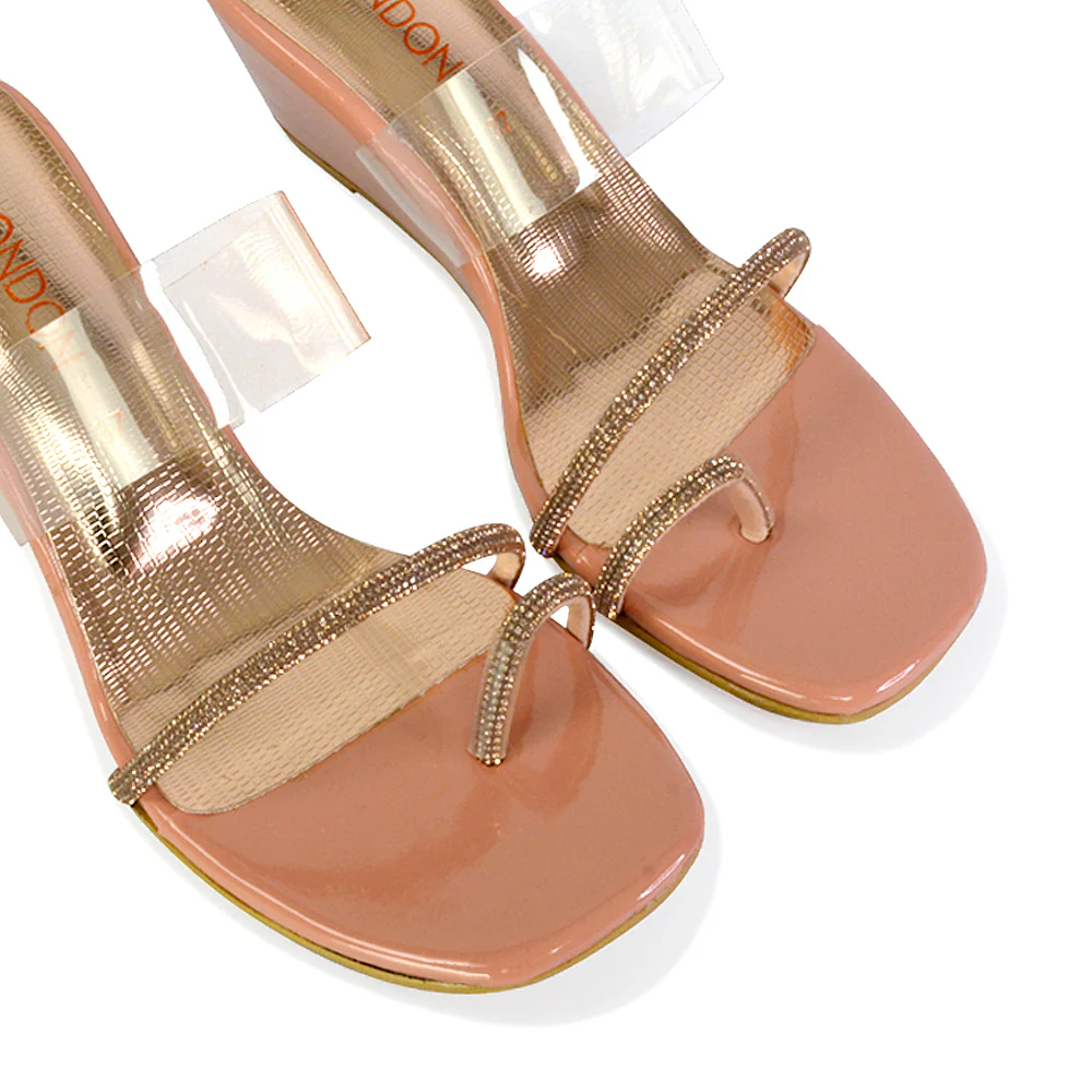 Hayes Perspex Strappy Toe Post Diamante Wedge Heel Sandals in White - Image 117
