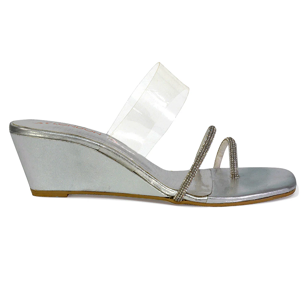 Hayes Perspex Strappy Toe Post Diamante Wedge Heel Sandals in White - Image 38