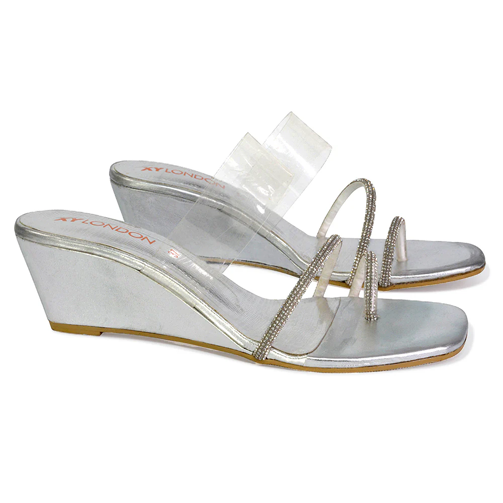 Hayes Perspex Strappy Toe Post Diamante Wedge Heel Sandals in White - Image 49