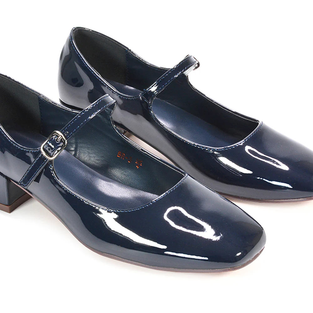 Hazel Low Block Heel Square Toe Buckle Strap Court Shoes in Navy Patent - Image 6