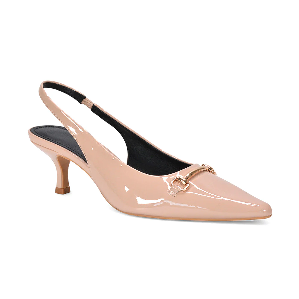 Heather Slingback Kitten Heels Buckle Point Toe Court Shoes in Nude Patent - Image 3