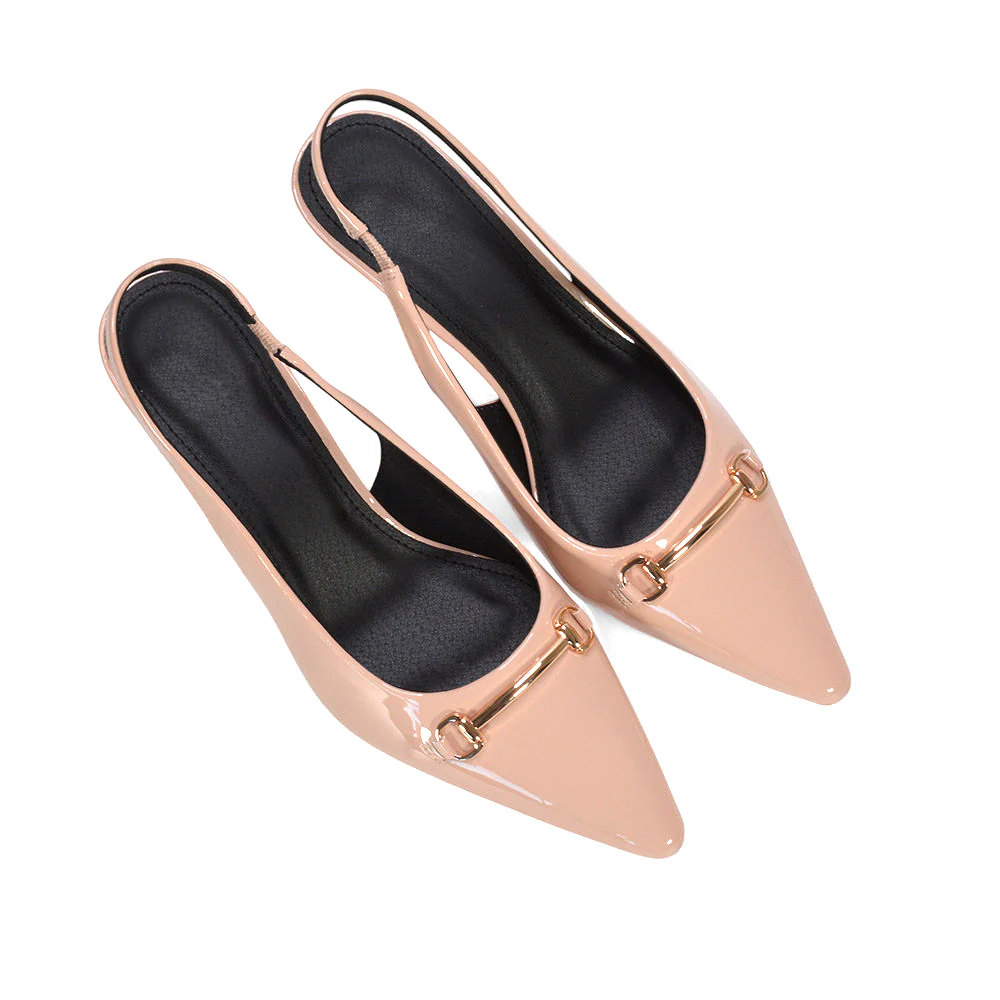 Heather Slingback Kitten Heels Buckle Point Toe Court Shoes in Nude Patent - Image 6