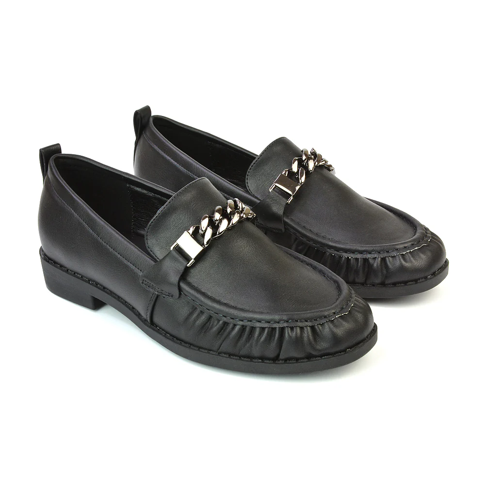 Heidi Chain Detail Ruched Loafer Back to School Shoes in Black Faux Suede - Image 11