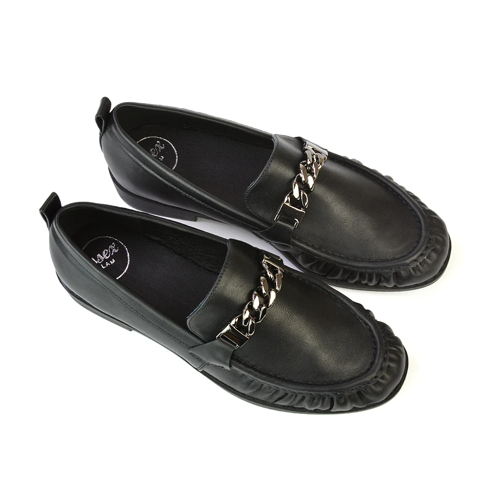 Heidi Chain Detail Ruched Loafer Back to School Shoes in Black Faux Suede - Image 13