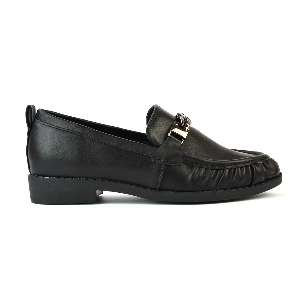 Heidi Chain Detail Ruched Loafer Back to School Shoes in Black Faux Suede - Image 15