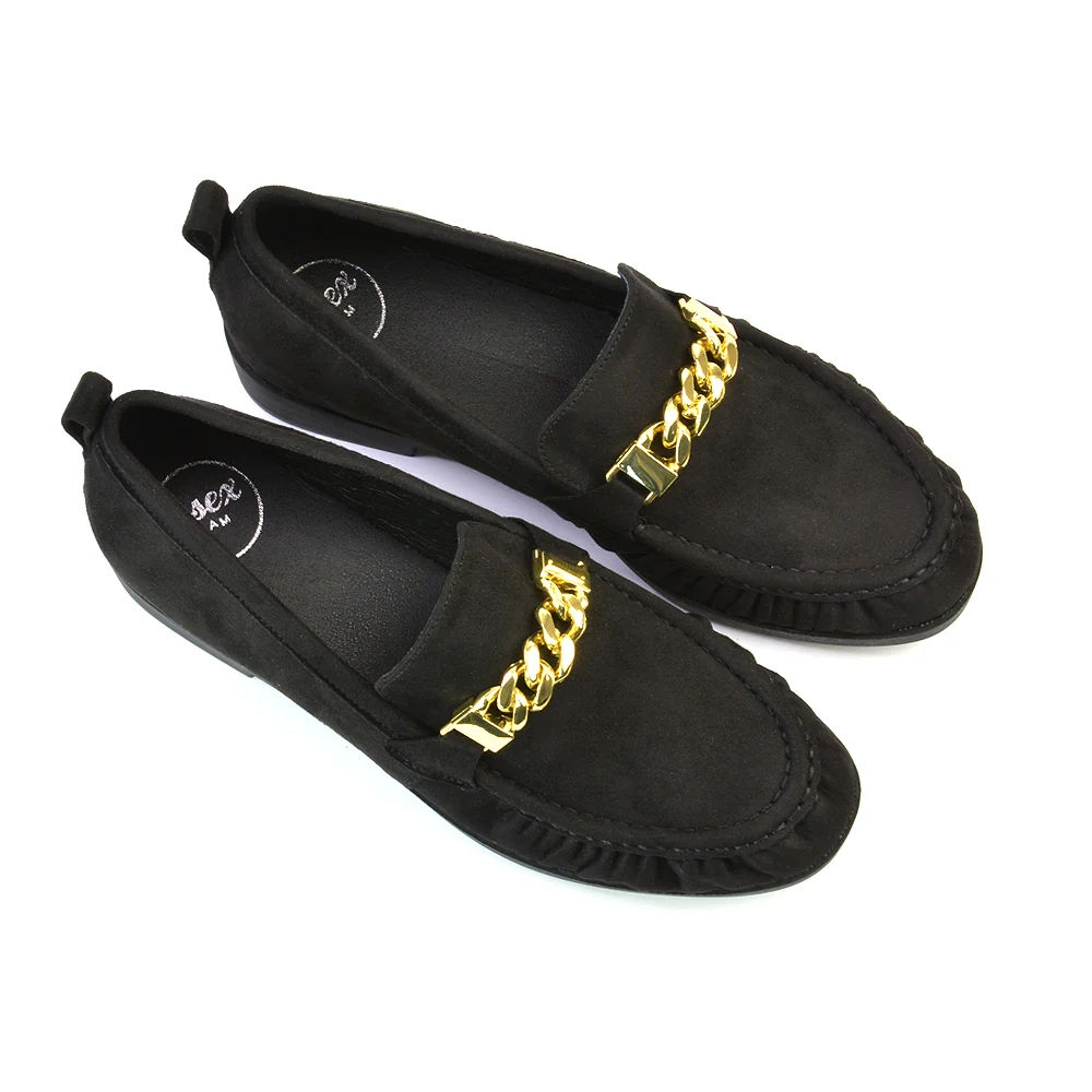 Heidi Chain Detail Ruched Loafer Back to School Shoes in Black Faux Suede - Image 3