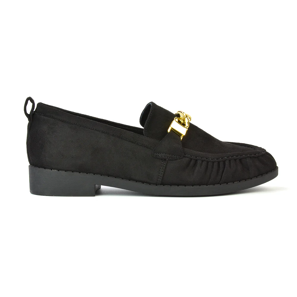 Heidi Chain Detail Ruched Loafer Back to School Shoes in Black Faux Suede - Image 5
