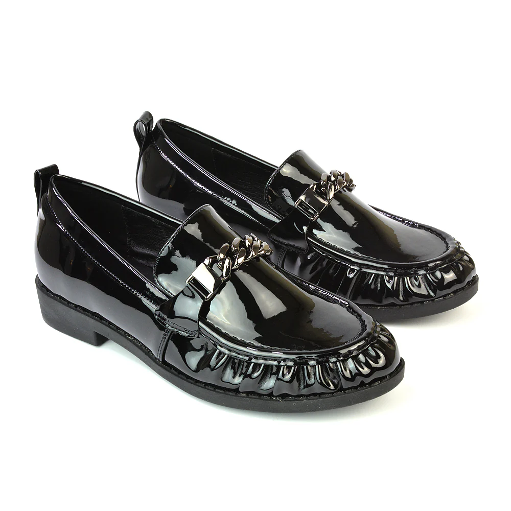 Heidi Chain Detail Ruched Loafer Back to School Shoes in Black Faux Suede - Image 6