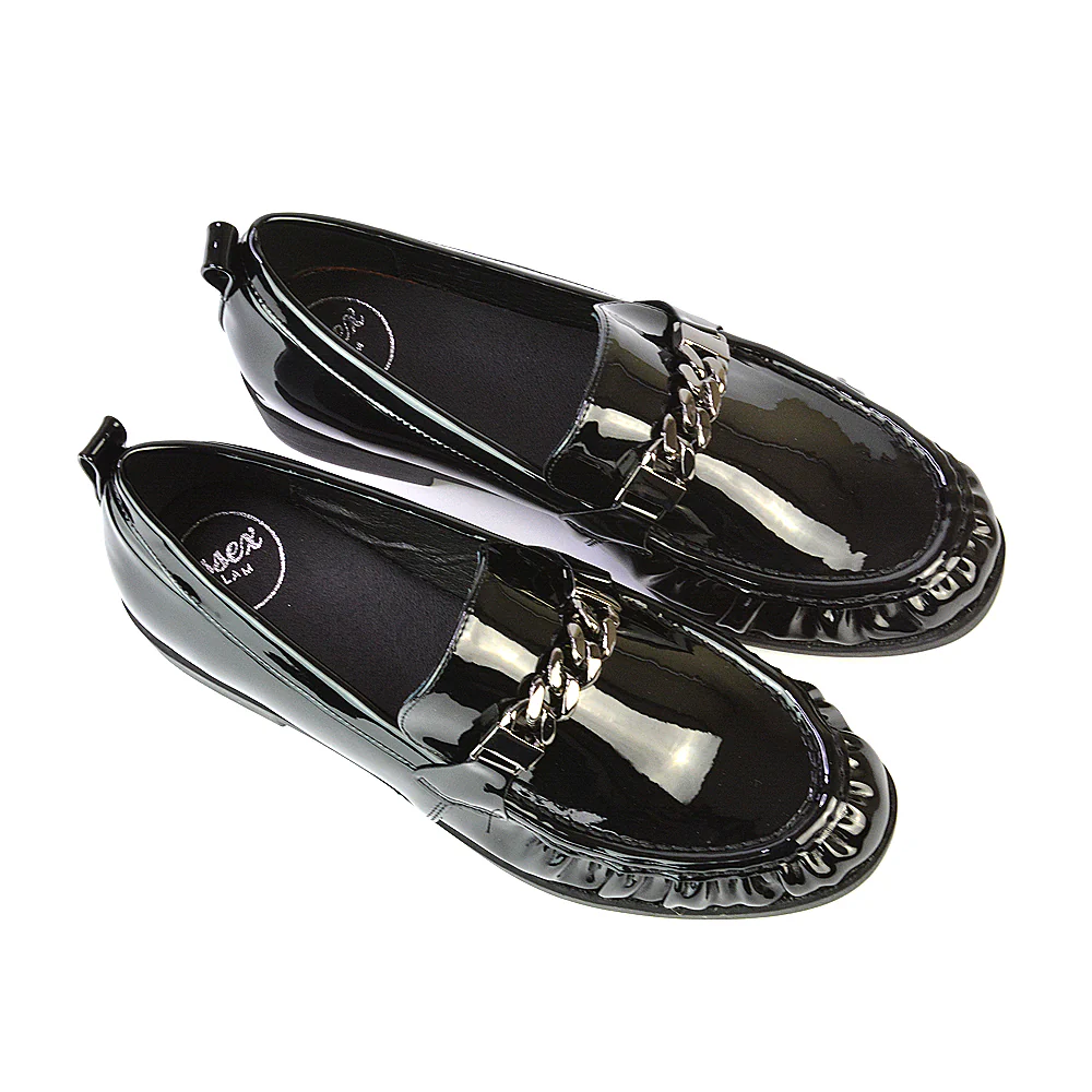 Heidi Chain Detail Ruched Loafer Back to School Shoes in Black Faux Suede - Image 8