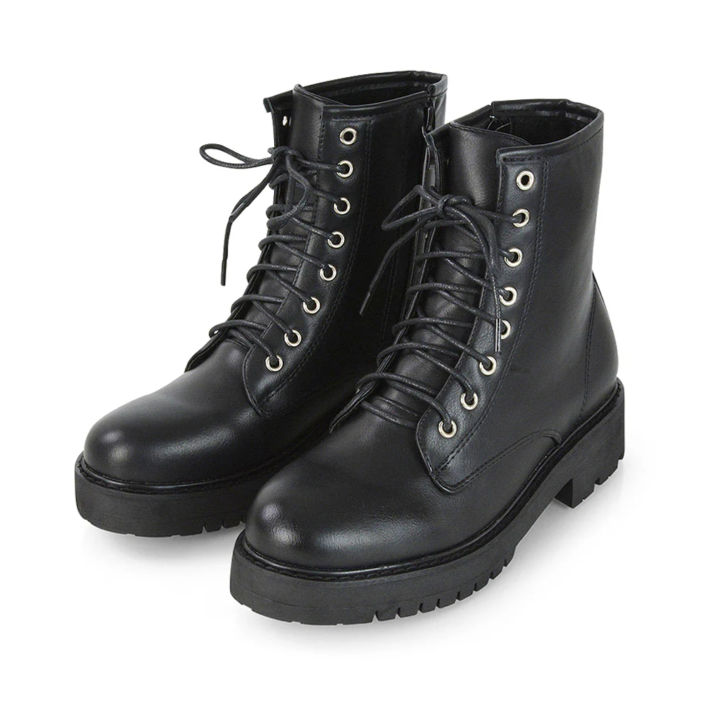 Hermoine Flat Chunky Low Block Heel Ankle Lace up Biker Boots in Black Patent - Image 14