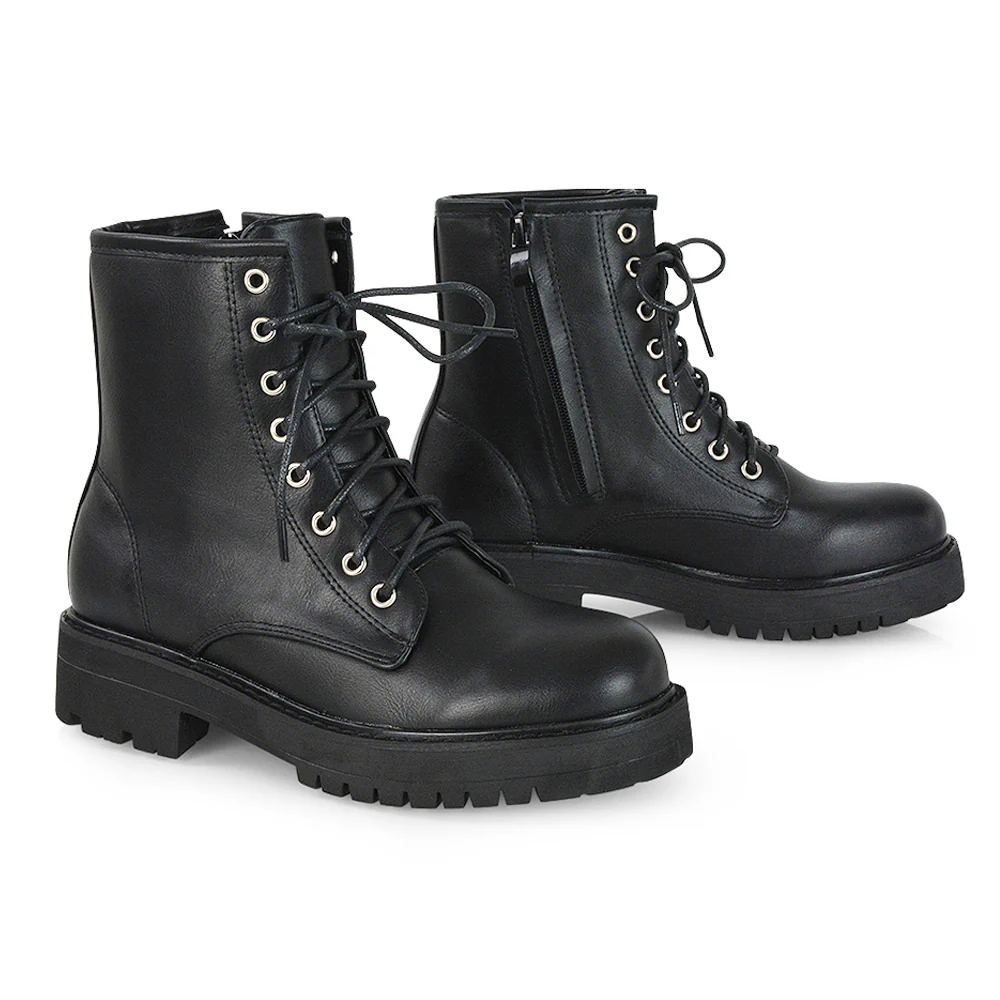 Hermoine Flat Chunky Low Block Heel Ankle Lace up Biker Boots in Black Patent - Image 23