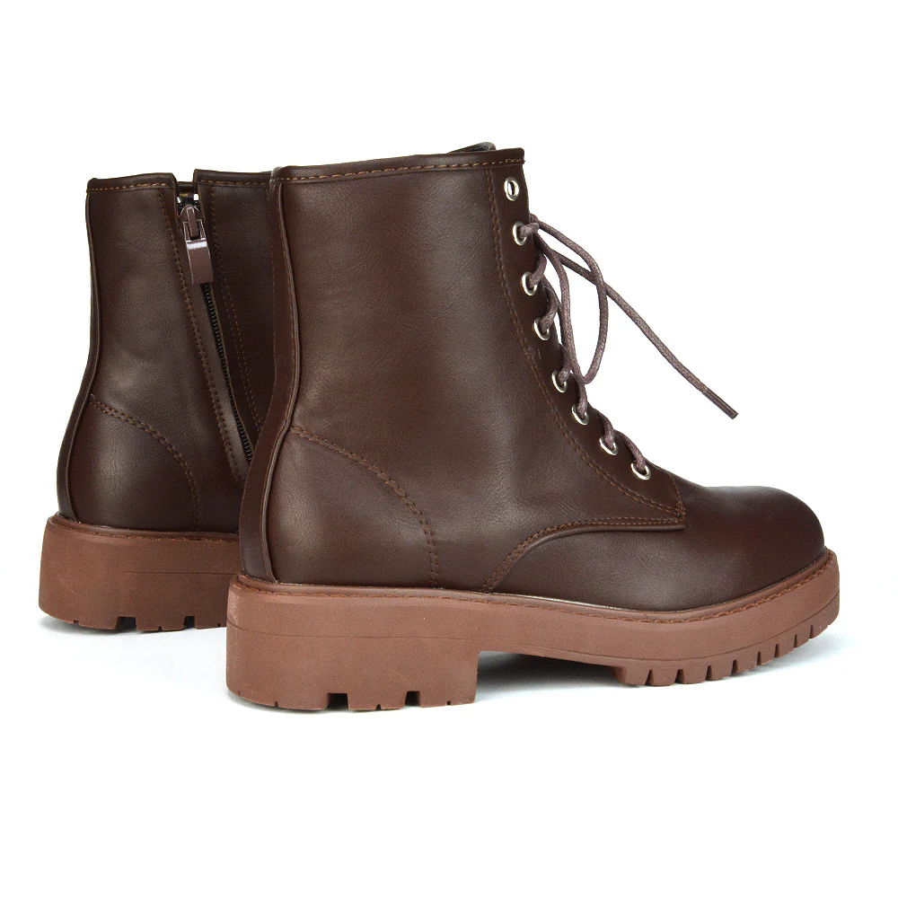 Hermoine Flat Chunky Low Block Heel Ankle Lace up Biker Boots in Black Patent - Image 43