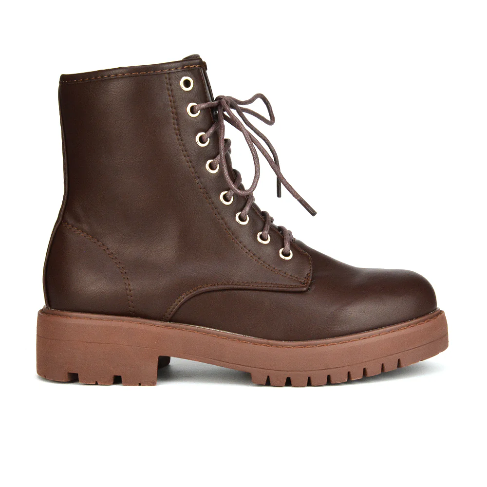Hermoine Flat Chunky Low Block Heel Ankle Lace up Biker Boots in Black Patent - Image 45
