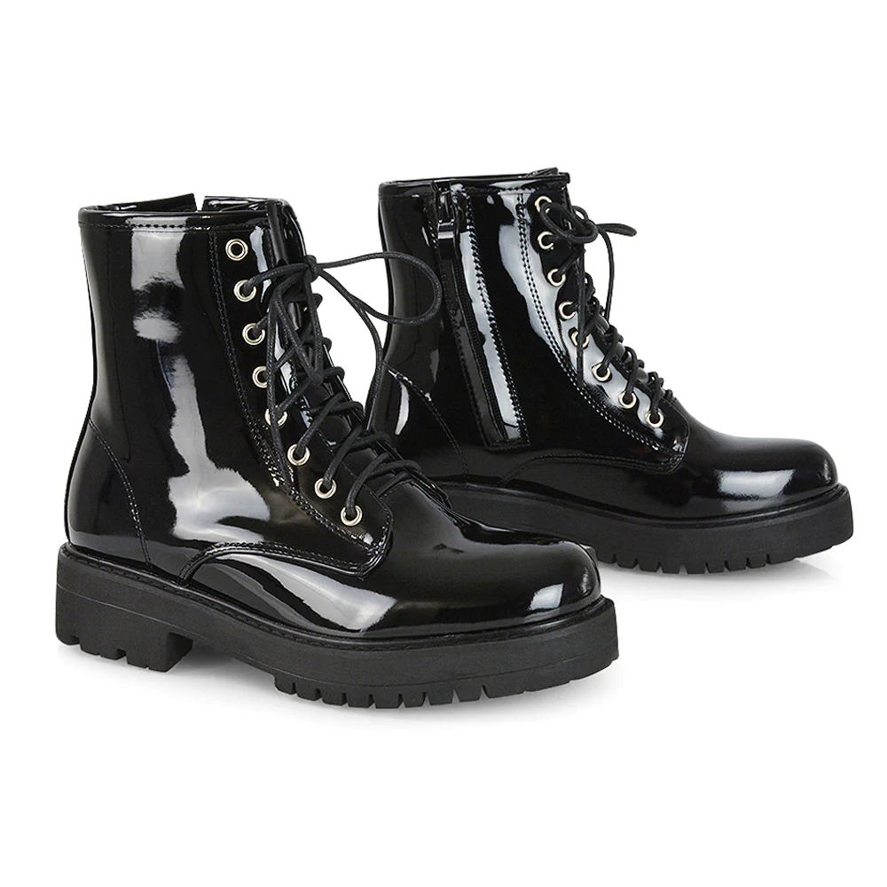 Hermoine Flat Chunky Low Block Heel Ankle Lace up Biker Boots in Black Patent - Image 72