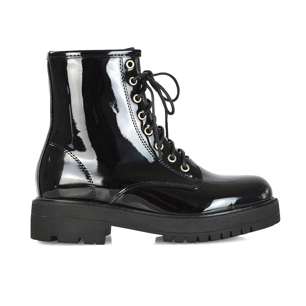 Hermoine Flat Chunky Low Block Heel Ankle Lace up Biker Boots in Black Patent - Image 75