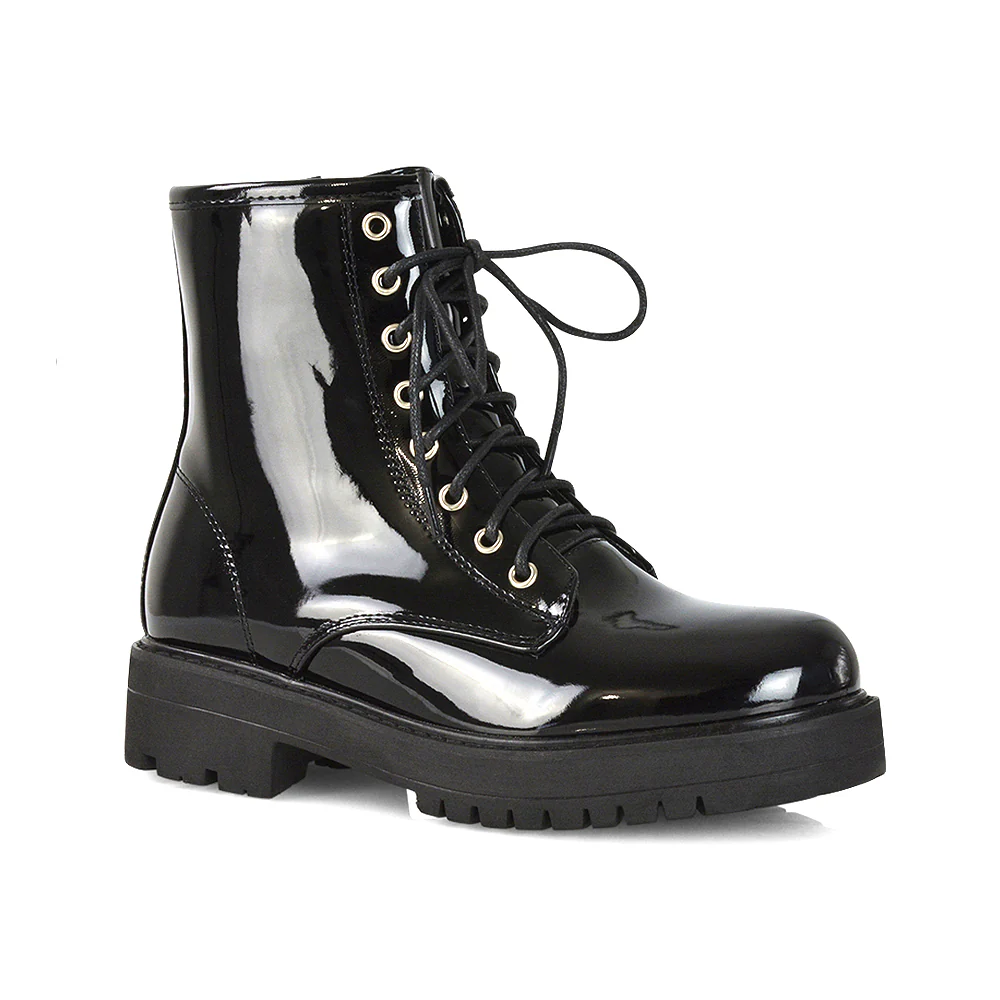Hermoine Flat Chunky Low Block Heel Ankle Lace up Biker Boots in Black Patent - Image 86