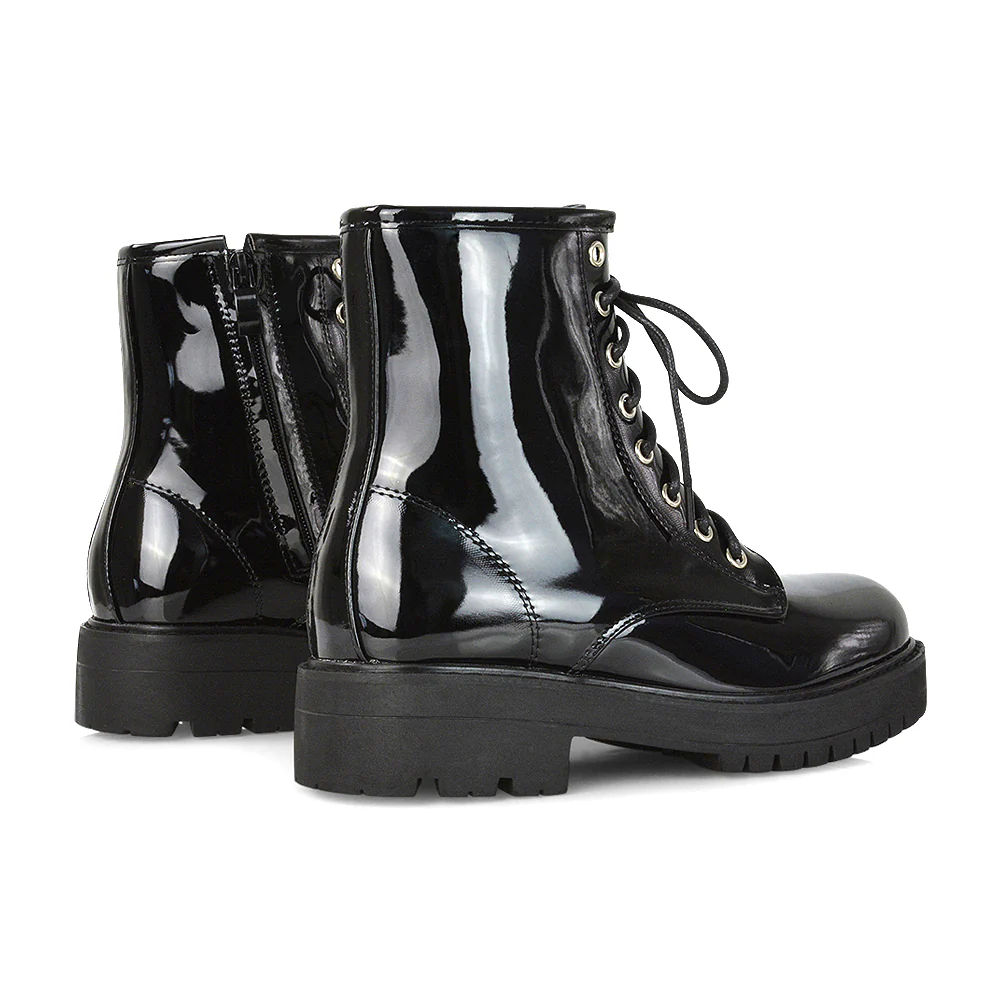 Hermoine Flat Chunky Low Block Heel Ankle Lace up Biker Boots in Black Patent - Image 89