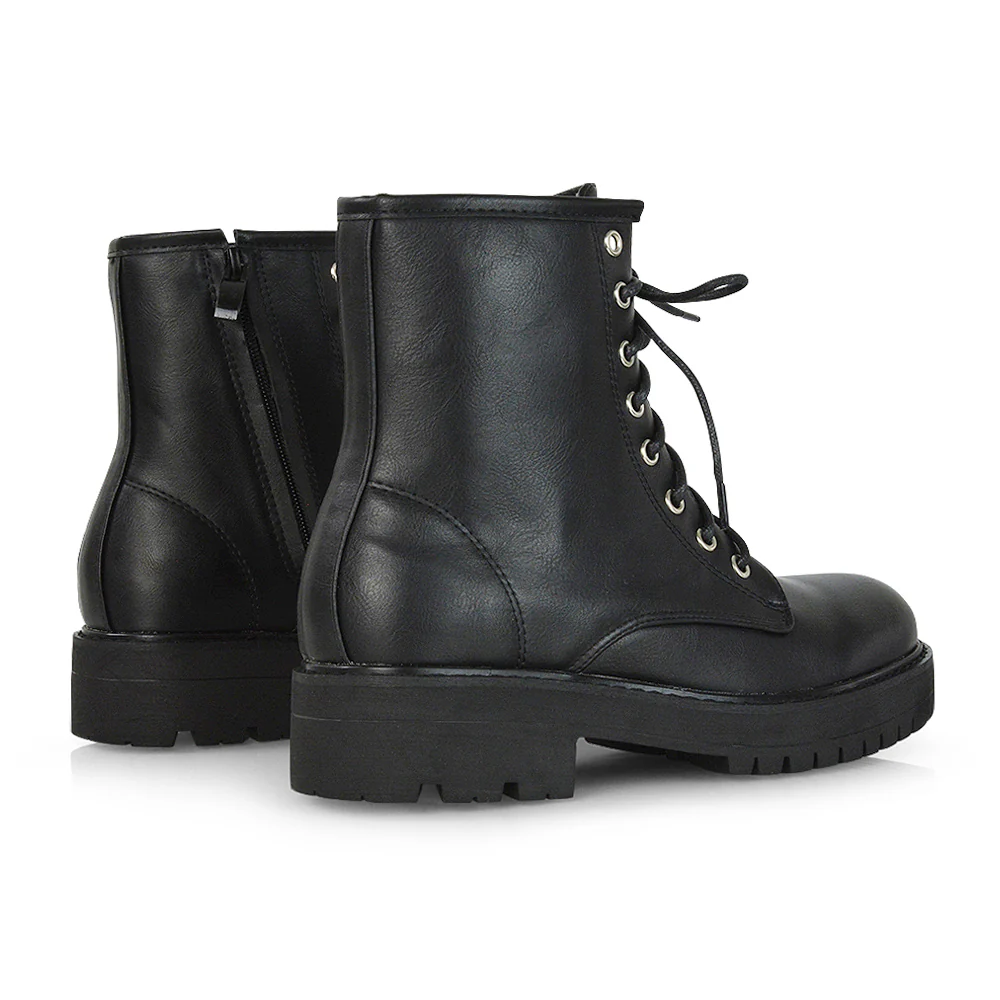 Hermoine Flat Chunky Low Block Heel Ankle Lace up Biker Boots in Black PU - Image 10
