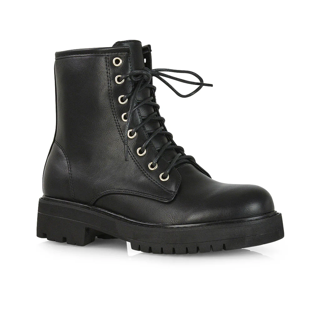Hermoine Flat Chunky Low Block Heel Ankle Lace up Biker Boots in Black PU - Image 32