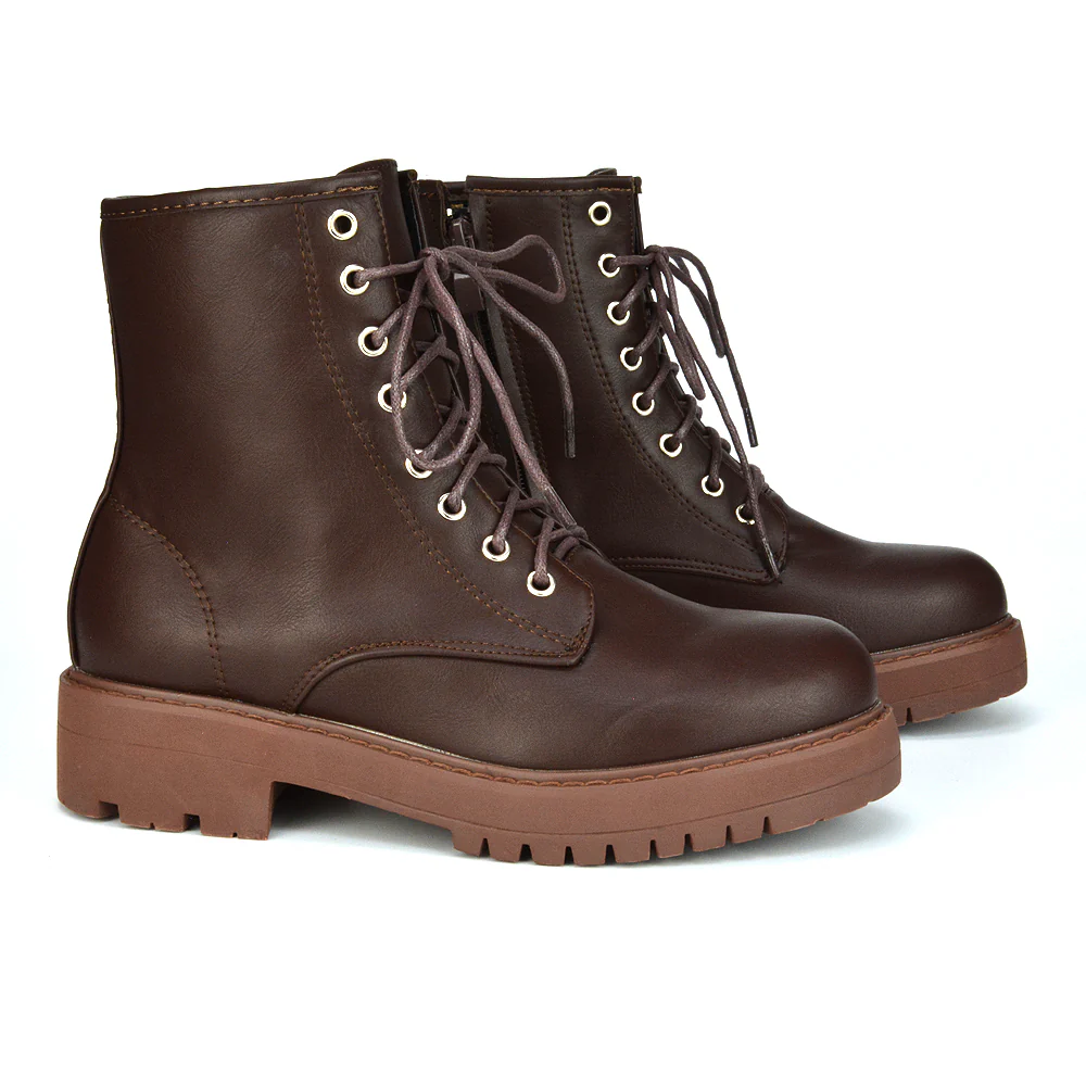 Hermoine Flat Chunky Low Block Heel Ankle Lace up Biker Boots in Brown Synthetic Leather - Image 47