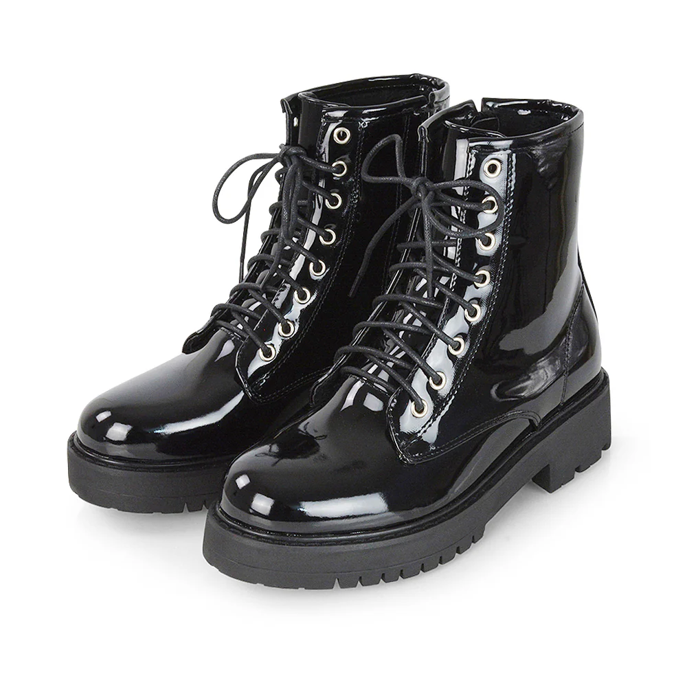 Hermoine Flat Chunky Low Block Heel Ankle Lace up Biker Boots in Brown Synthetic Leather - Image 87