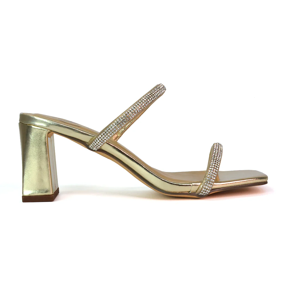 Holden Diamante Strap Square Toe Mid Block Heel Sandal Mules in Black - Image 63