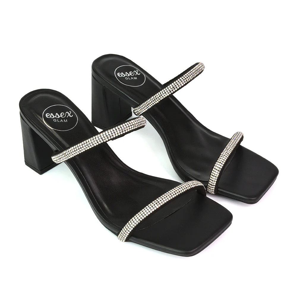 Holden Diamante Strap Square Toe Mid Block Heel Sandal Mules in Black - Image 86
