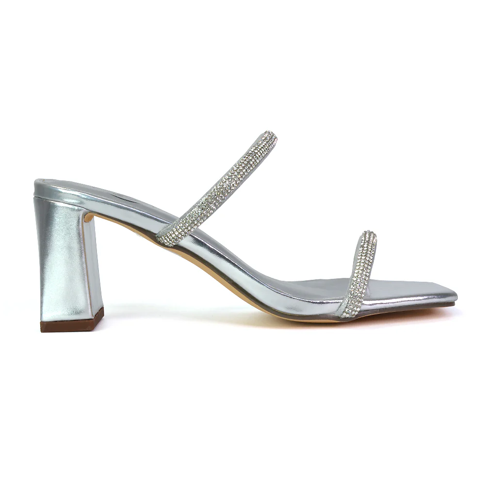 Holden Diamante Strap Square Toe Mid Block Heel Sandal Mules in Gold - Image 28