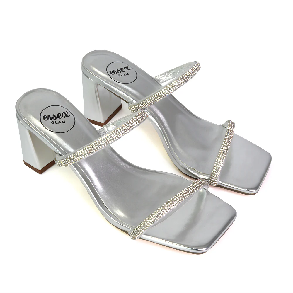 Holden Diamante Strap Square Toe Mid Block Heel Sandal Mules in Gold - Image 31
